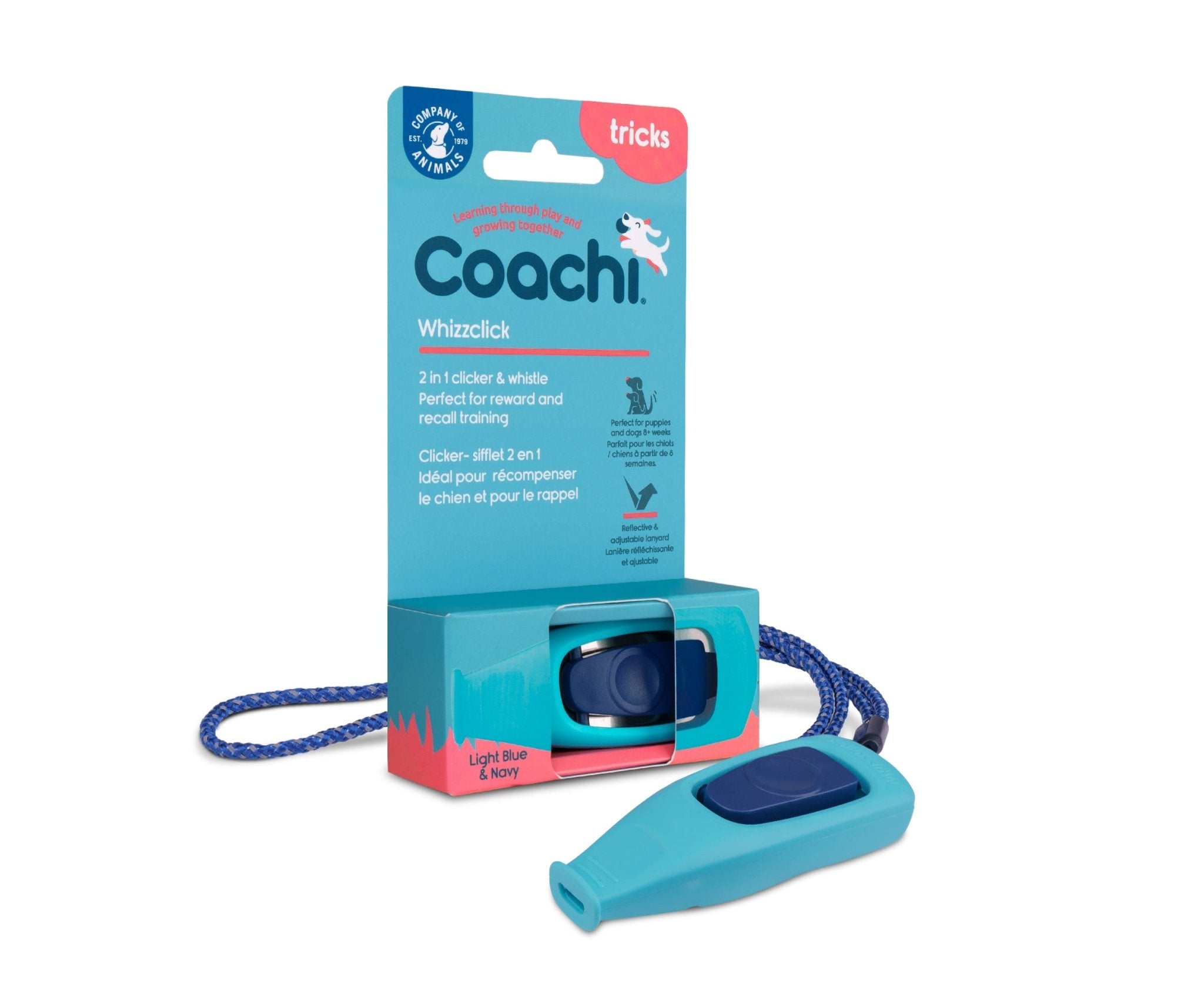Coachi Whizzclick Dog Clicker & Whistle (Light Blue, Navy Button) - Wuffies