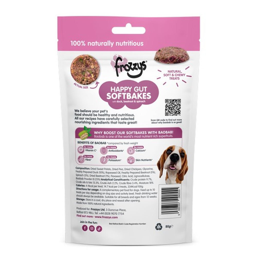 Frozzys Happy Gut Softbakes Duck, Beetroot & Spinach Flavour with BAOBAB (80g) - Wuffies
