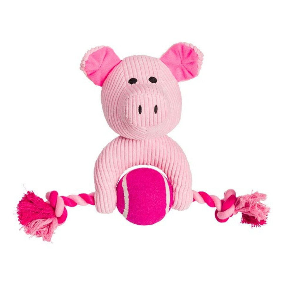 House of Paws Pink Cord Pig Dog Toy w/ Tennis Ball & Rope - Wuffies
