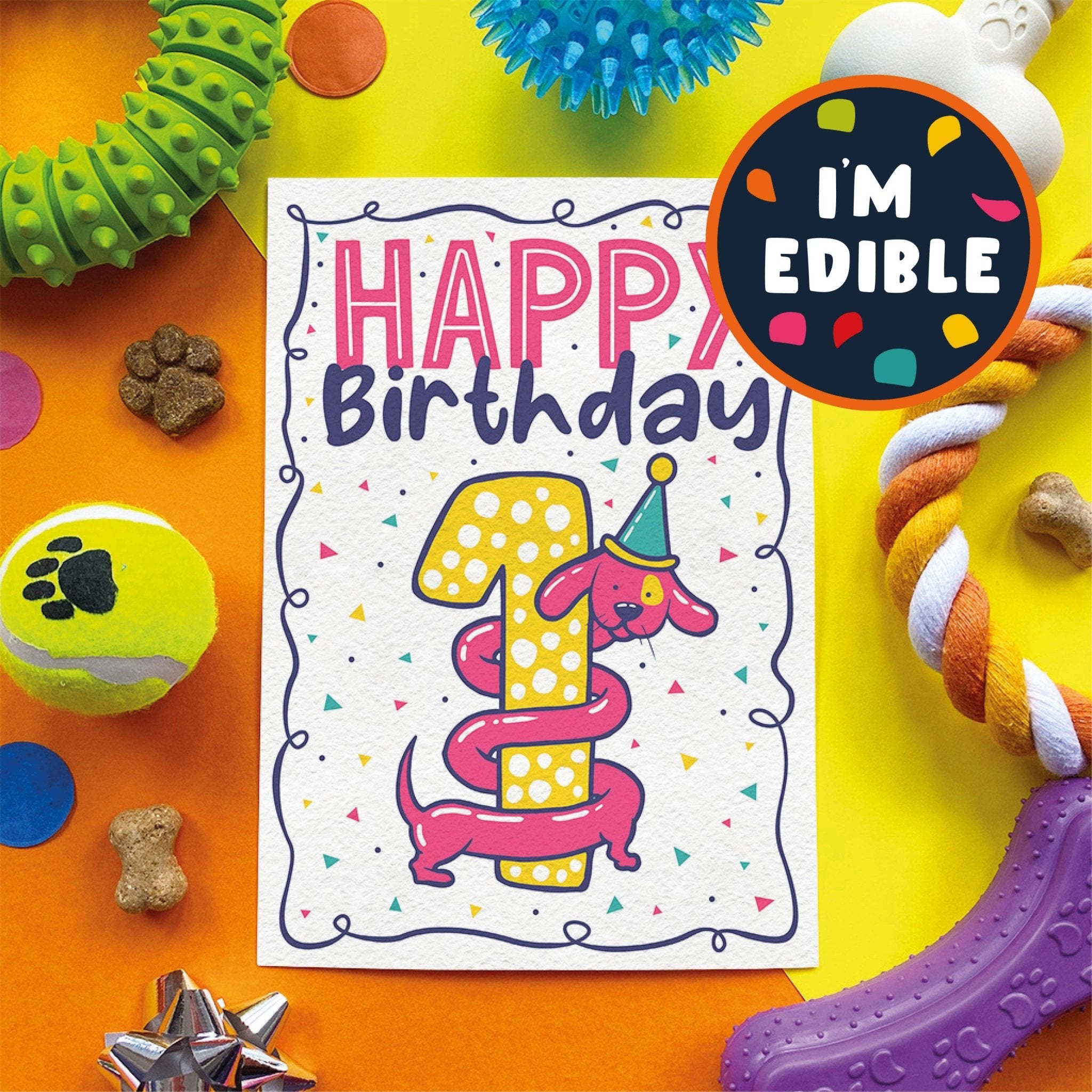 Scoff Paper - Edible 1st Dog Birthday Card (Bacon flavour) - Wuffies