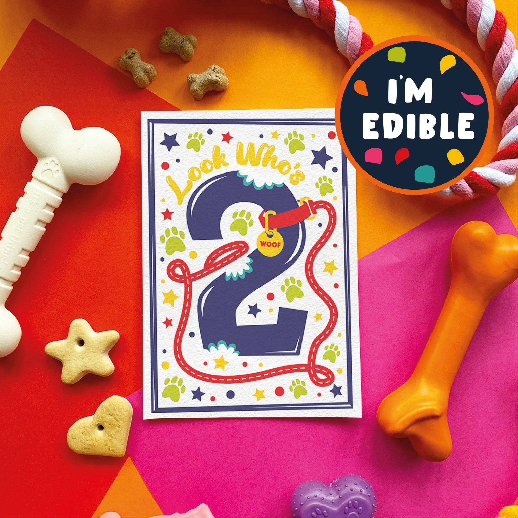 Scoff Paper - Edible 2nd Dog Birthday Card (Chicken flavour) - Wuffies