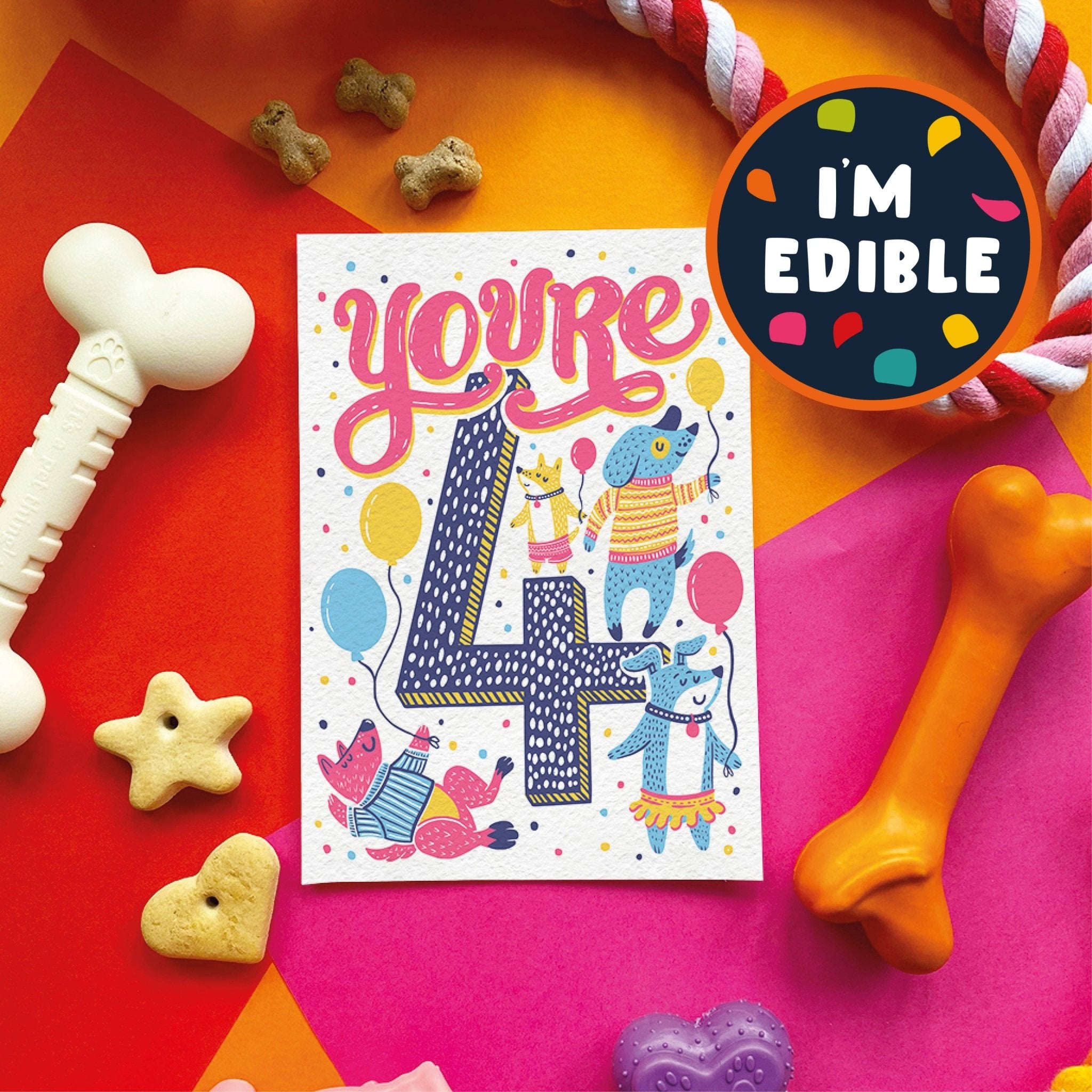 Scoff Paper - Edible 4th Dog Birthday Card (Chicken flavour) - Wuffies