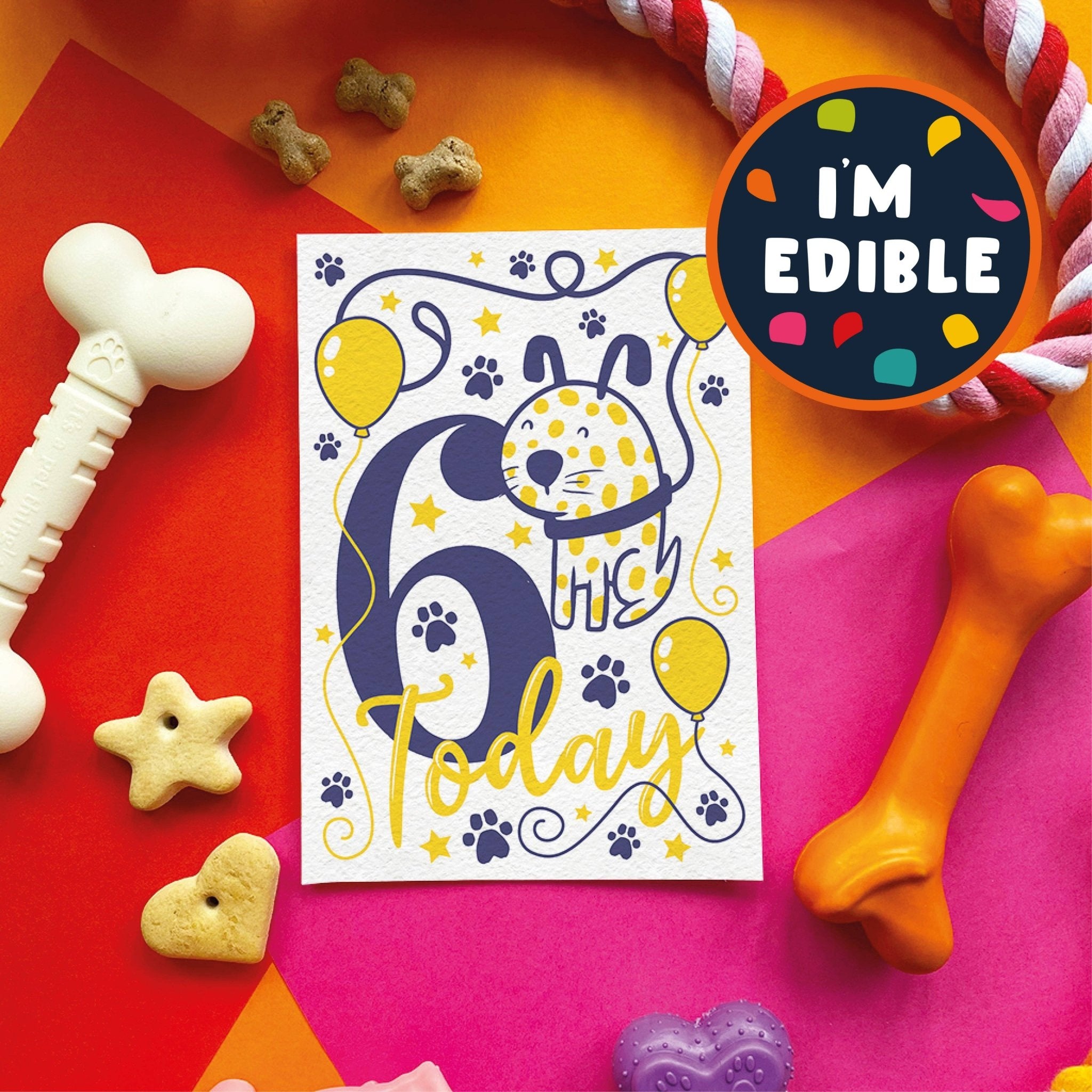 Scoff Paper - Edible 6th Dog Birthday Card (Chicken flavour) - Wuffies