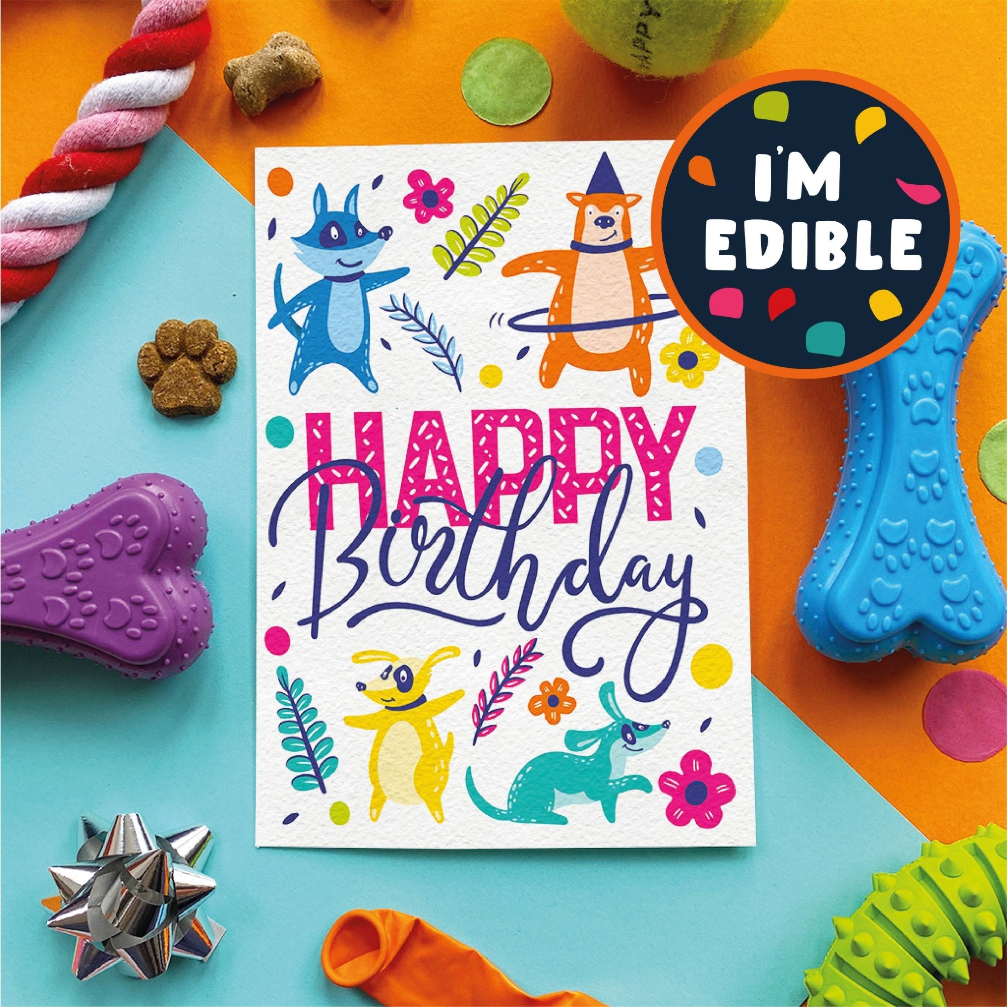 Scoff Paper Happy Birthday flowers - Edible Dog Card (Bacon flavour) - Wuffies