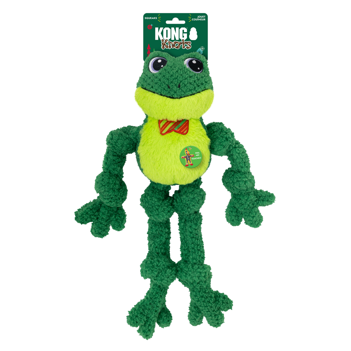 KONG Holiday 2026 Knots Bow Tie Frog (Large/XL) – retail packaging