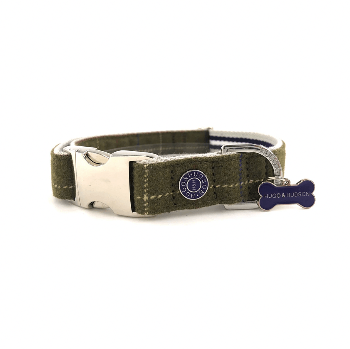 Hugo & Hudson Checked Herringbone Metal Buckle Dog Collar (Dark Green) - Wuffies